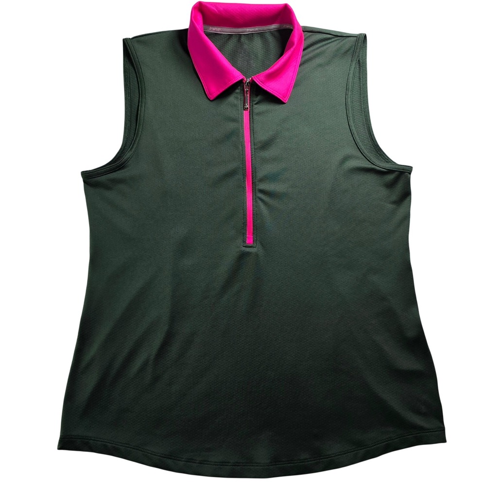 Jofit Women Size L Sleeveless Golf Polo Top Dark Green Pink Trim Quarter Zip
